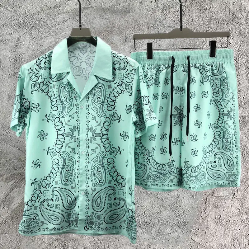 2025 Vintage Cashew Flowers Print Short-sleeved Shirt Set Short Top For Men Lapel Streetwear Shirt Suit Casual Sets Homme