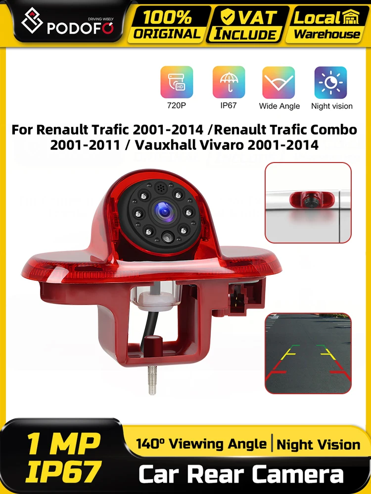 Podofo Auto-Rückfahrkamera mit Nachtsicht und Bremslicht für Renault Trafic 2001-2014 / Renault Trafic Combo 2001-2011 / Vauxhall Vivaro 2001-2014