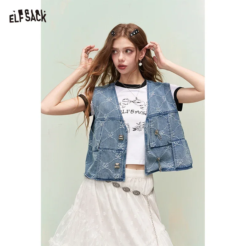 ELFSACK Women's Jacquard Denim Vest Cropped V-Neck Metal Buckle Sleeveless Streetwear Waistcoat