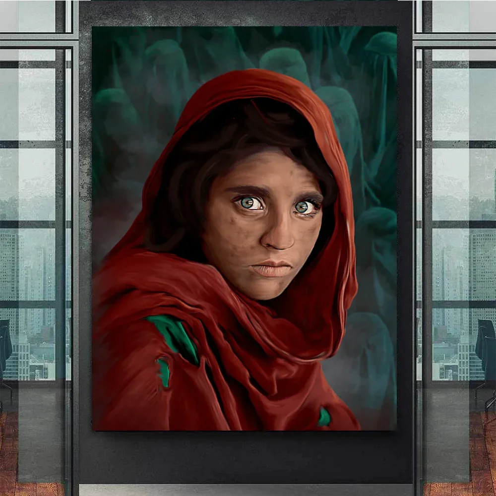 Modern Classic Wall Art Ethnic Style Afghan Girl Portrait Red Headscarf Canvas Poster Print Home Bedroom Living Room Decoration