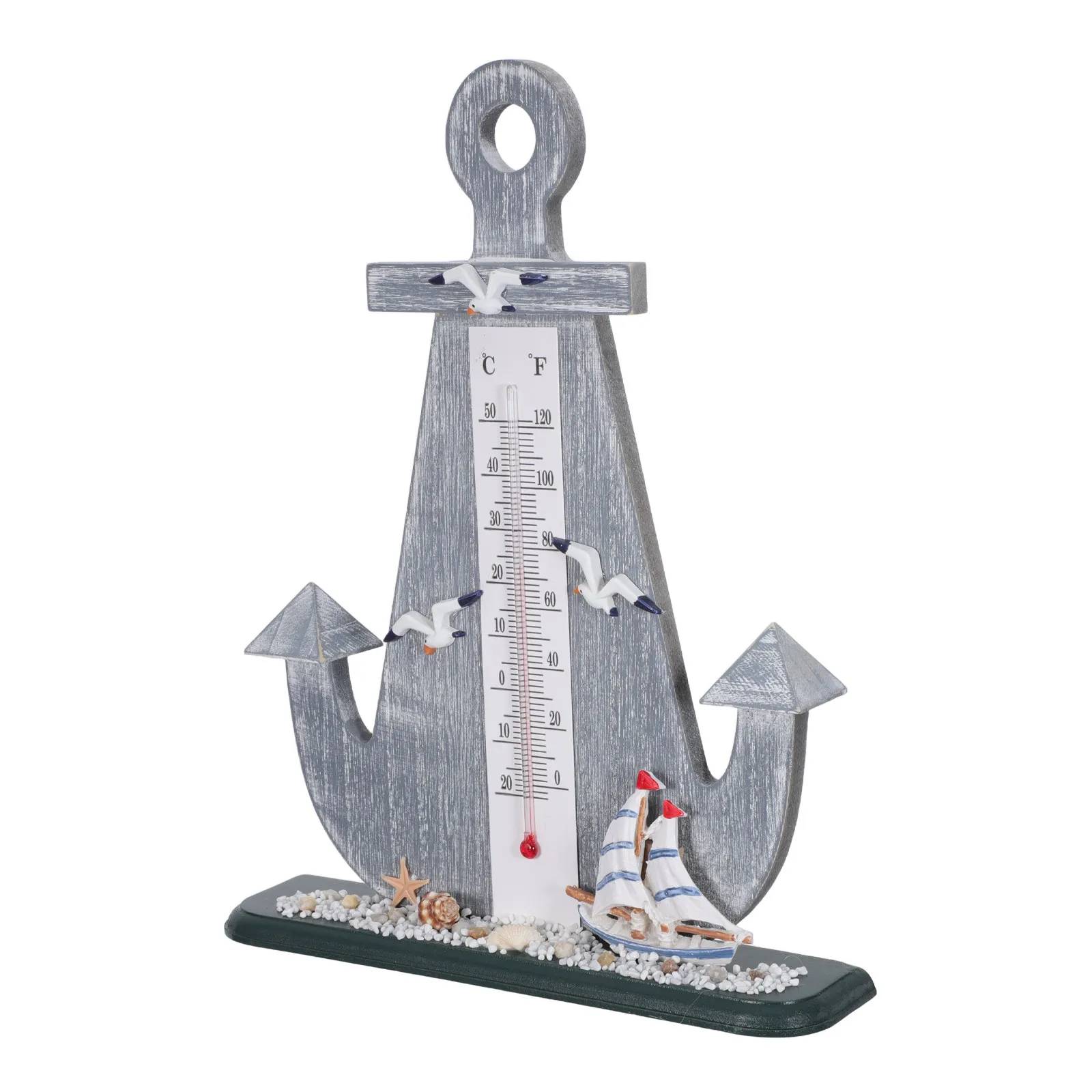 Vintage Nautical Anchor Thermometer Style Desktop Indoor Outdoor Tabletop Sculpture Mediterranean Ocean Themed Home