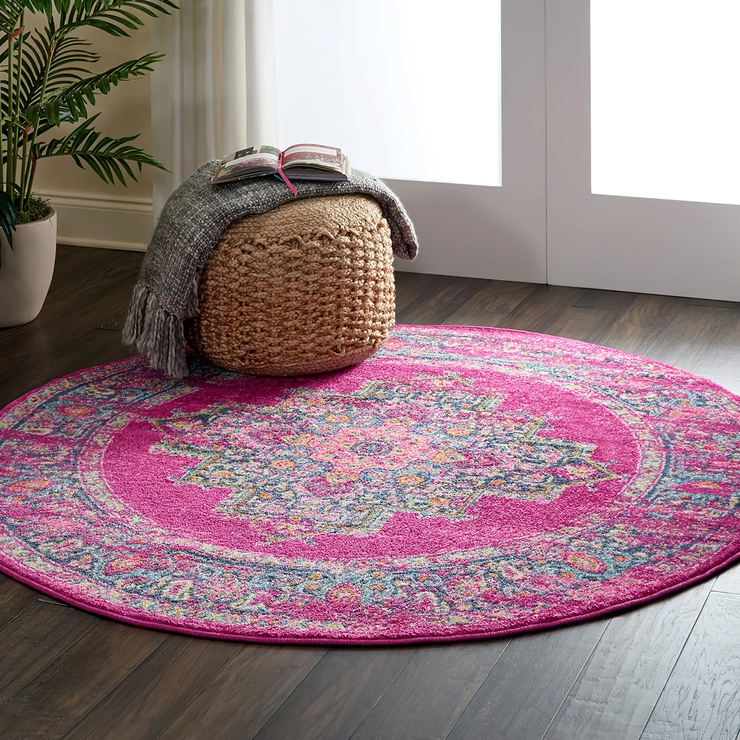 VIKAMA Pink Vintage Oriental Round Rug Traditional Medallion Floral Pattern Non‑slip Soft Living Room Bedroom Circular Floor Mat