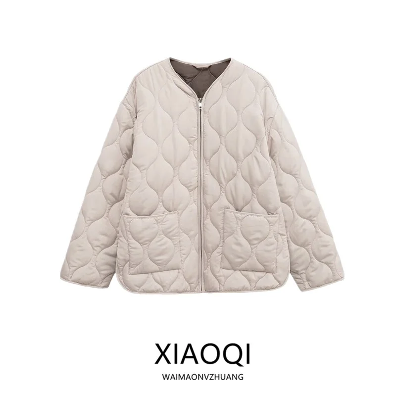 

Fall 2025 New Women's Cotton Jaet round Ne Zipper ket Simple Sle Outerwear Comfortable Loose Fit Long Sve Coat