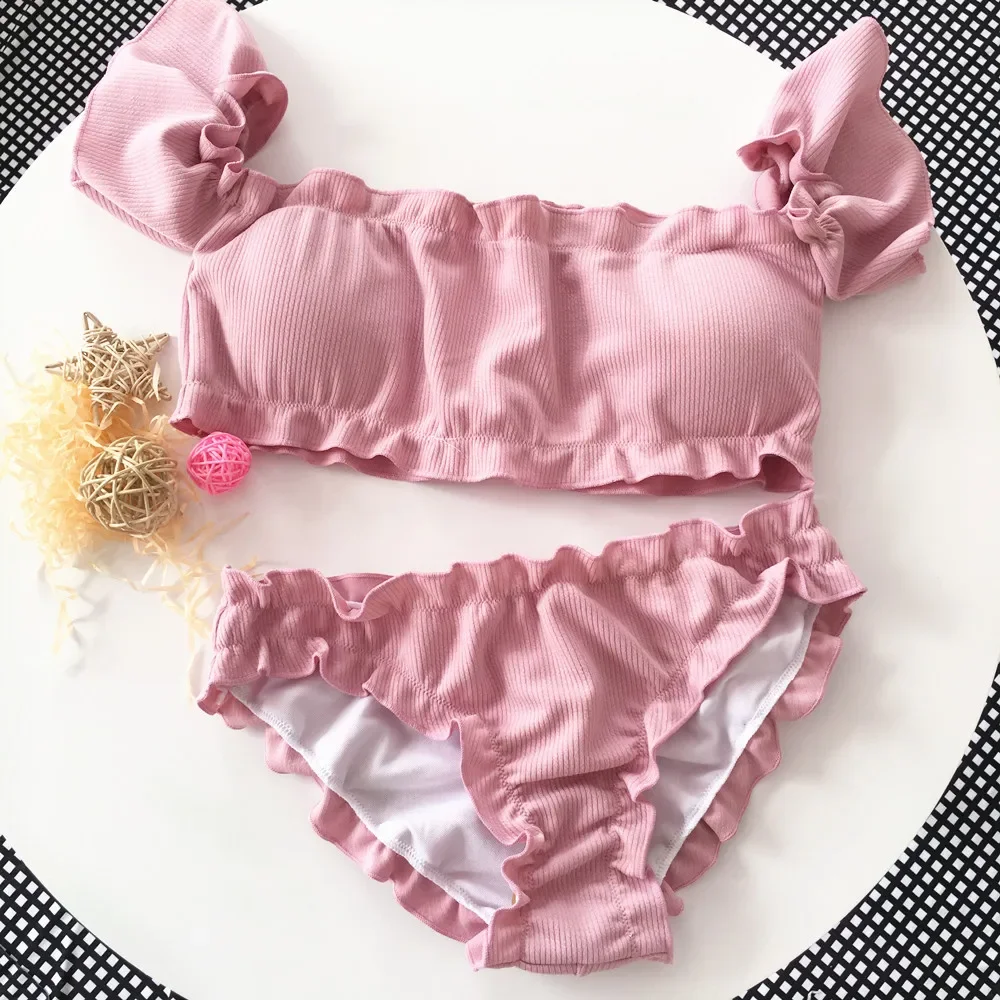 2024 Bandeau High Cut Bikini Set Swimsuit Female Swimwear Women Bathing Suit Sexy Ruffle Sleeve Off Shoulder Swim Suit Pink