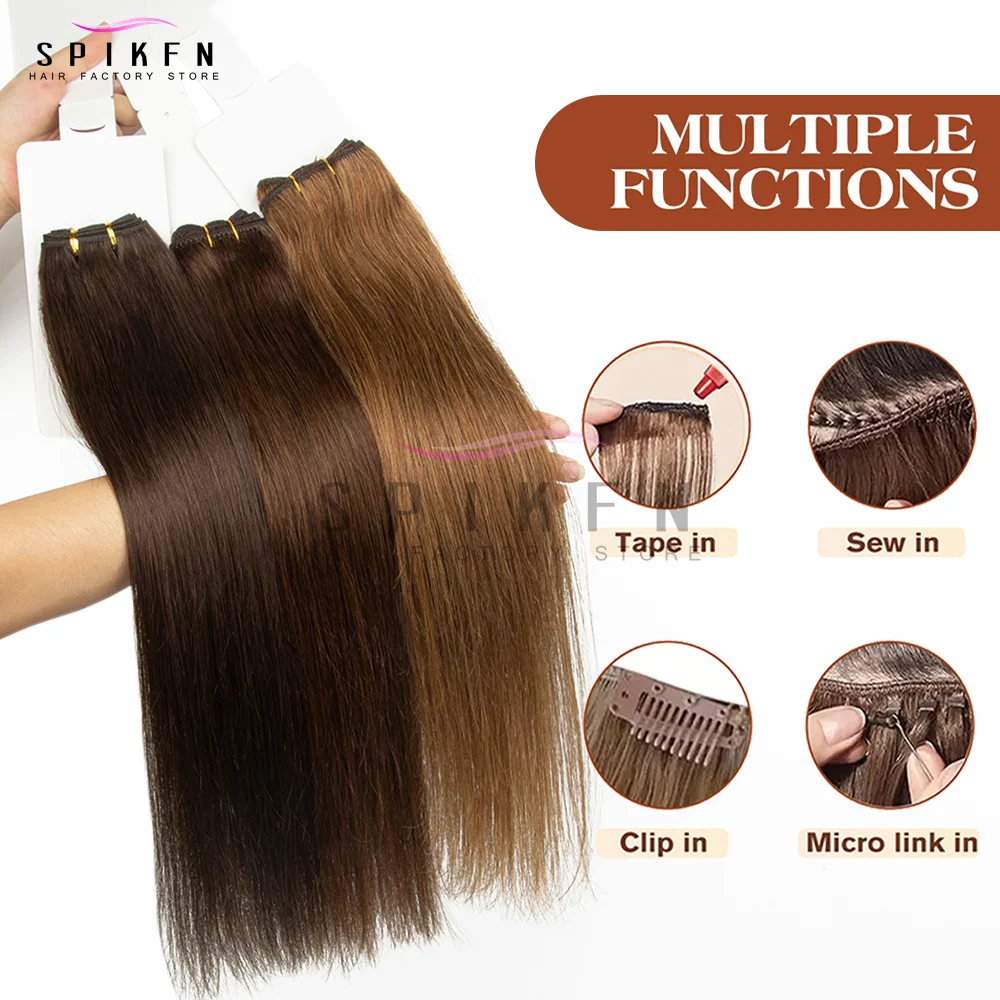 SPIKFN 本物のストレートヘア プラチナカラー人毛ウィーブ ダブルウェフト編み込み 50g 12～24インチ 女性用簡単装着