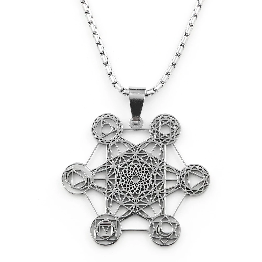 Yoga Hindu Buddhism 7 Chakra Stainless Steel Pendant Necklace Sacred Geometry Hollow Angel Seal Metatron Symbol Chain Jewelry