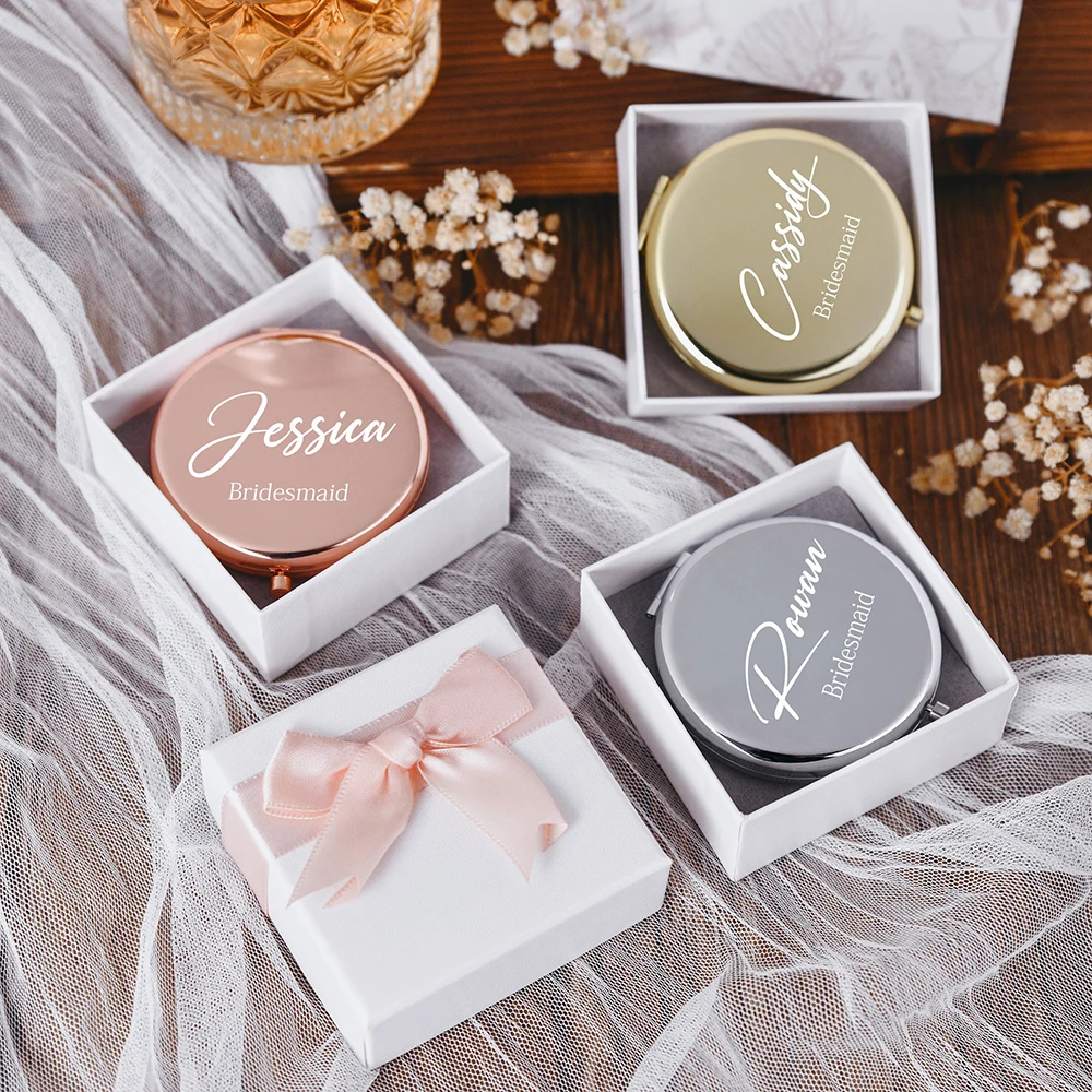 Personalized Compact Makeup Mirrors with White Ribbon Box Bridal Shower Party Bridesmaid Thank You Gift Portable Pocket Mirror