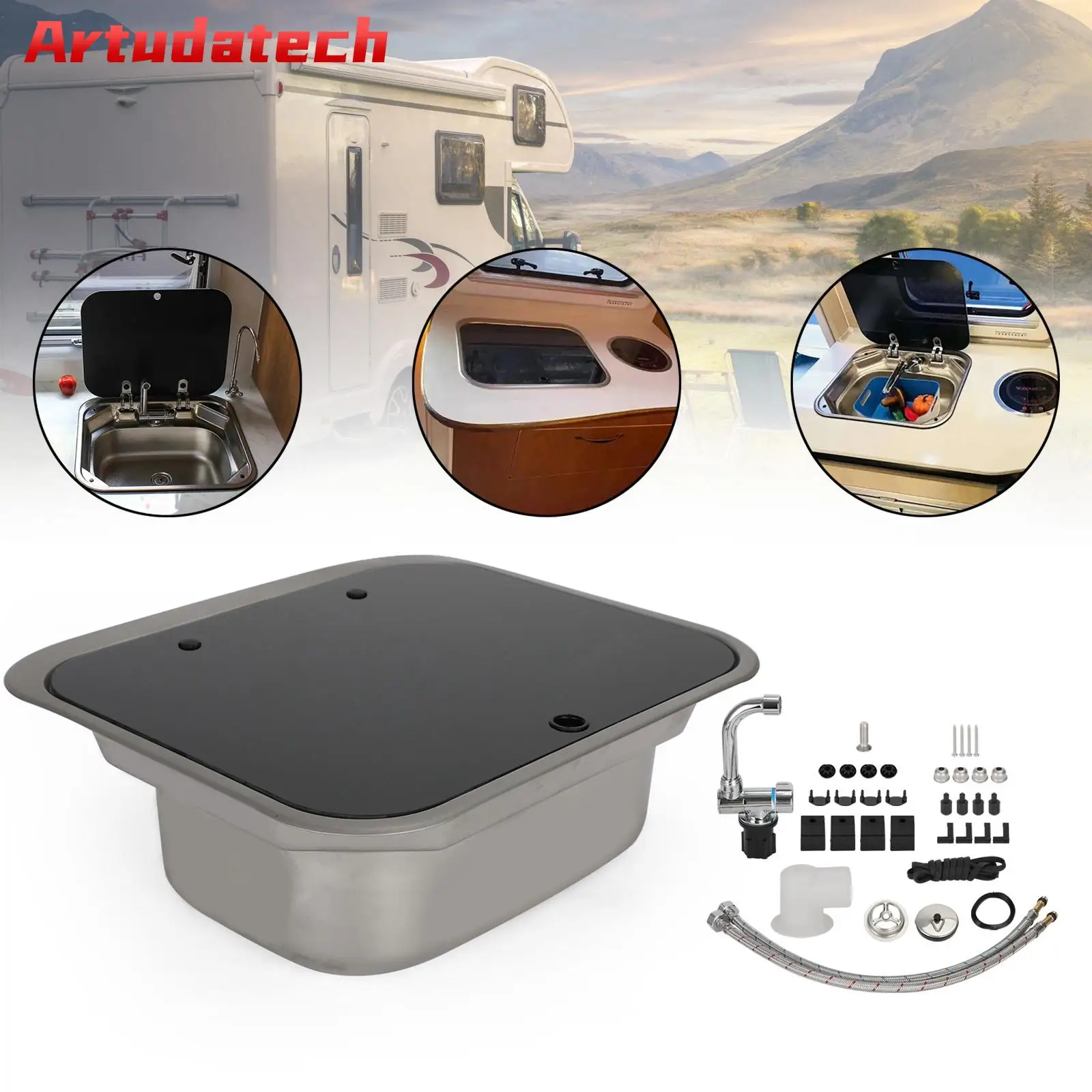 Artudatech RV Caravan Camper Sink Stainless Steel Hand Wash Sink Basin Kit With Faucet