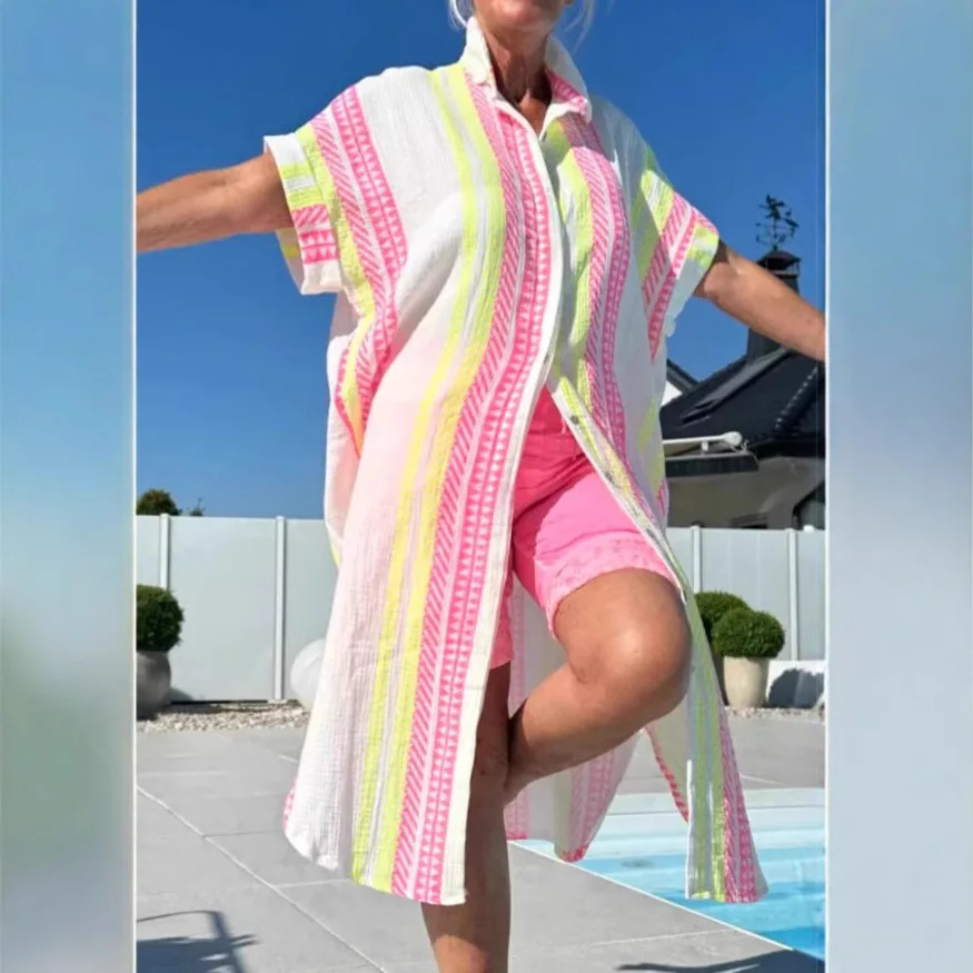 Robe imprimée pour femmes, simple boutonnage, manches courtes, plage, décontractée, col rabattu, chemise, ample, Y2k, Streetwear, été