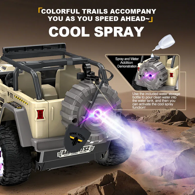 1:16 RC Trucks Toys 2,4-GHz-Auto mit LED-Lichtern und Spray für Kinder, All-Terrain-Offroad-Pickup-Spielzeug für Jungen ab 8 Jahren, Geschenk