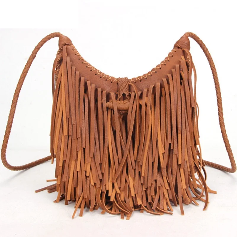 Beach Bohemian Tassel Women\'s Crossbody Bags Vintage manual Weave handbag bolsa franja Quality PU leather messenger bags