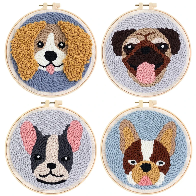 DIY Punch Needle Embroidery Dog Pattern Kit Threader Fabric Embroidery Hoop Yarn Rug Punch Needle Kits for Adults Kids Beginner