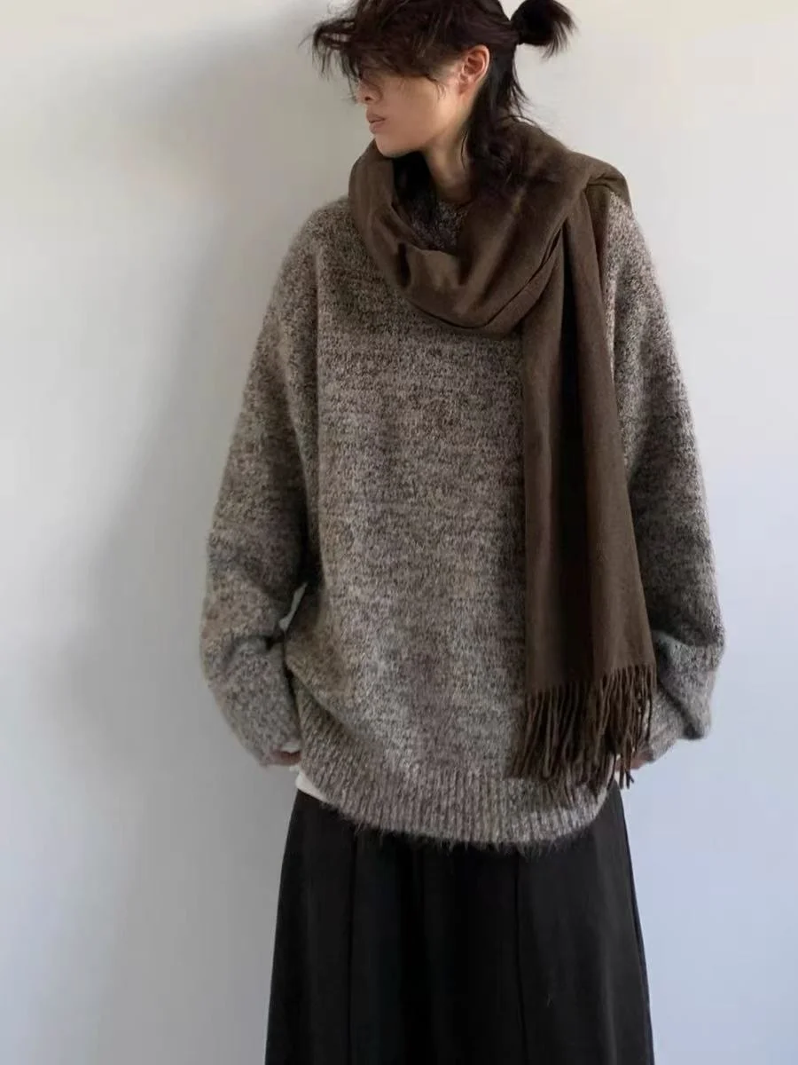 

Свободный повседневный вязаный свитер на осень-зиму в японском стиле, из полиэстера, с круглым вырезом, на молнии, унисекс