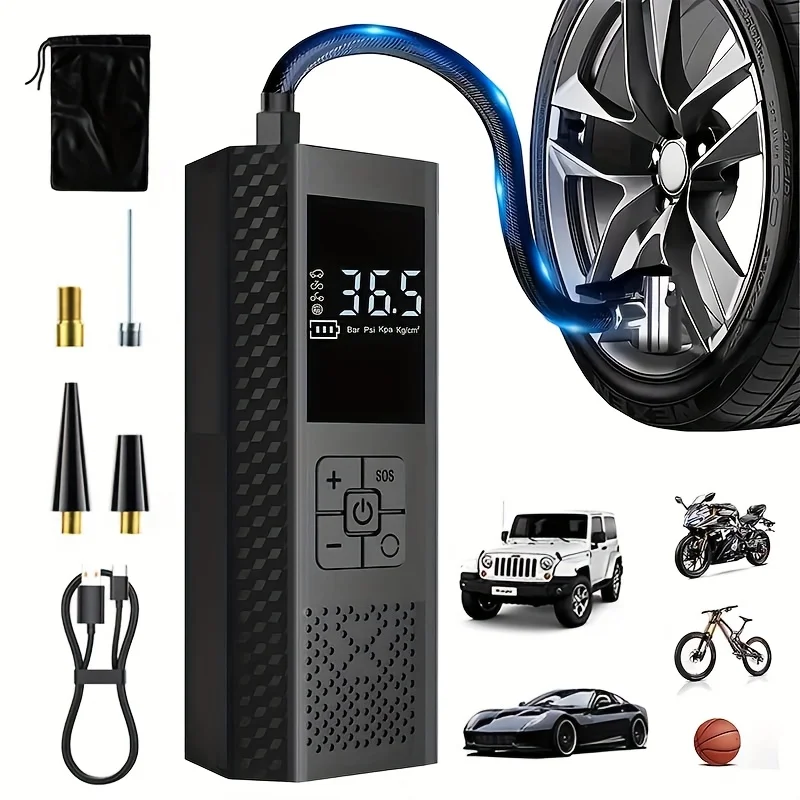 

Портативный цифровой насос для накачивания шин - перезаряжаемый воздушный компрессор USB-C со светодиодной подсветкой для автомобиля, велосипеда, мотоцикла, мяча