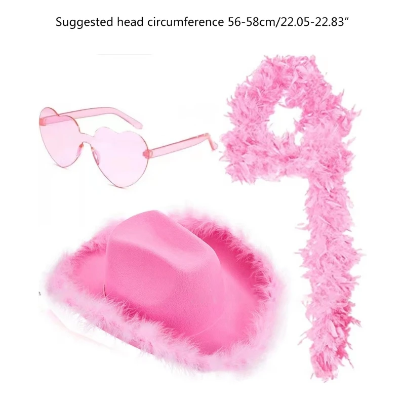 Pink Cowboy Hat with Feather Boas Glasses Set Heart Shaped Sunglasses Long Feather Boas for Dancing Halloween Party