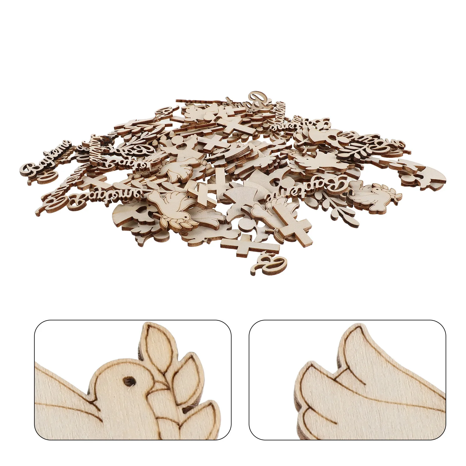 120Pcs Cross Wooden Cutouts Baptism Table Scatter Religious Christening Leaf Angel Shapes Wood Pieces Faith Party Decorations