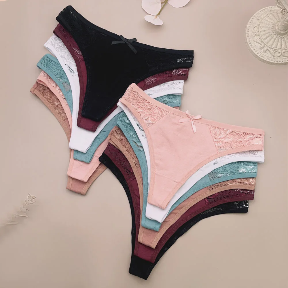 Moonflame 12 Pcs Wholesale Girls Underpant Solid Color Cotton Low Rise Women Underwear With Lace Ladies Panties G String Thongs