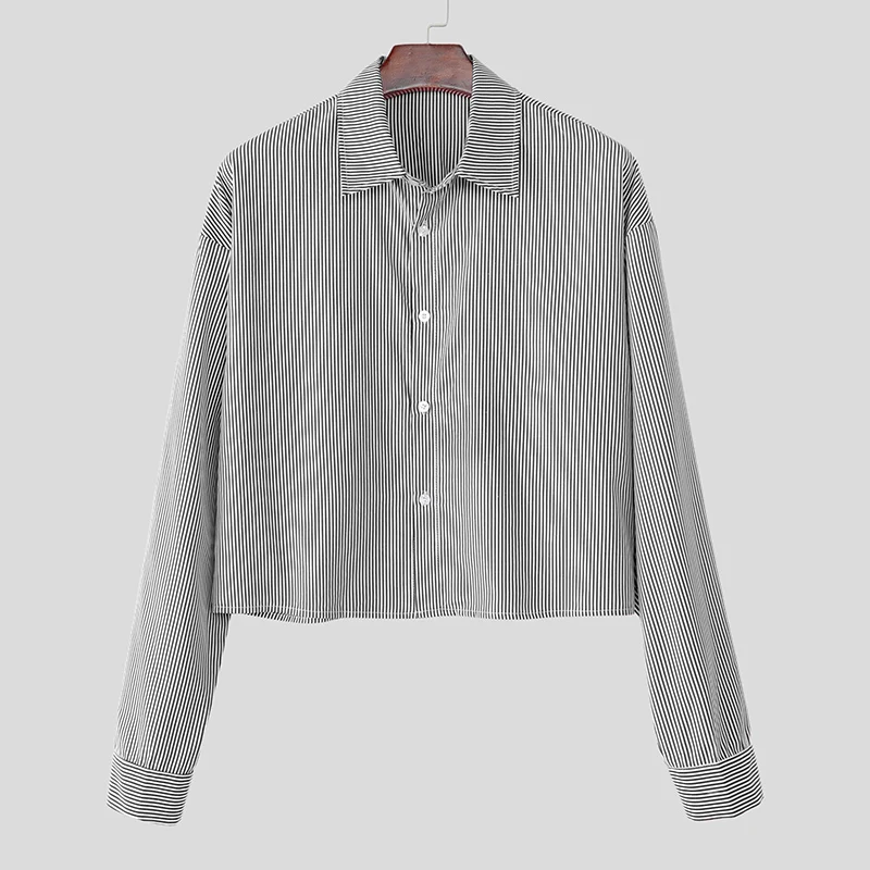 

INCERUN Men Striped Shirt Lapel Long Sleeve Loose Streetwear Crop Tops Men Korean Style 2025 Fashion Casual Men Clothing Shirts