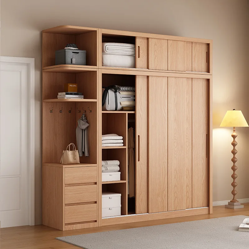 All solid wood pine sliding door wardrobe log children's clothing cabinet simple wardrobe
