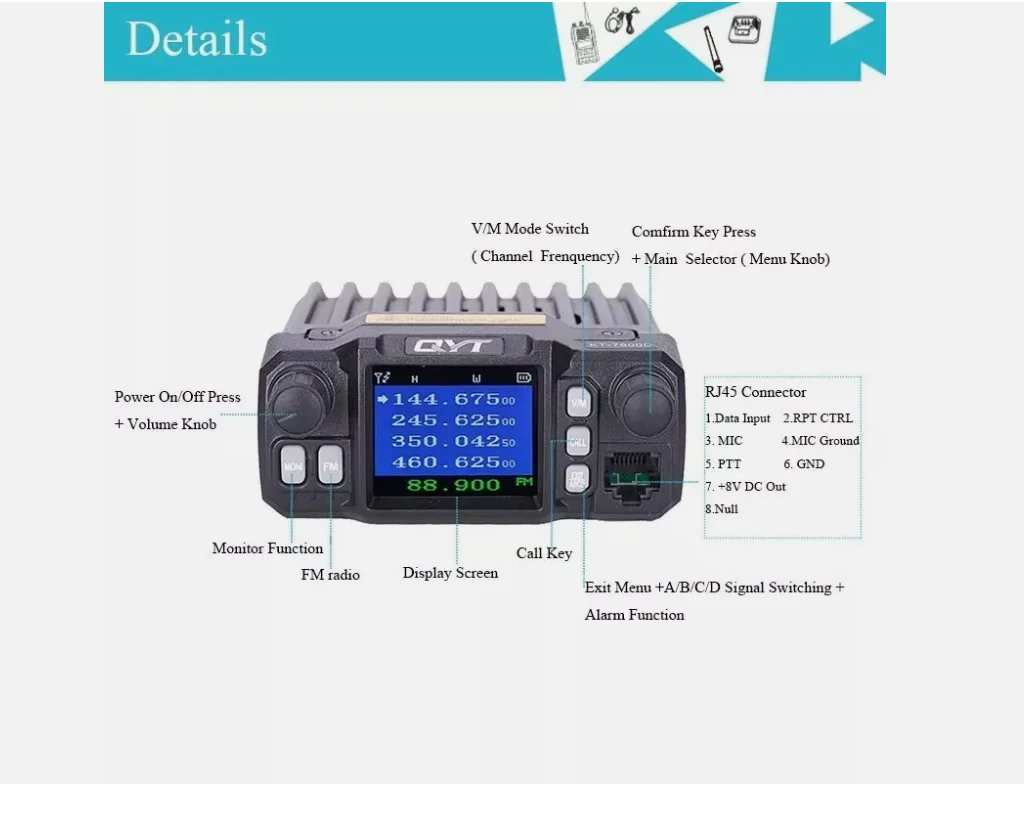 QYT Mini Rádio Móvel 25W KT-7900D Quad Band 144/220/350/440MHz Walkie Talkie