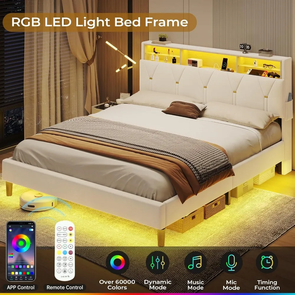 Bed Frame with Headboard Storage & LED Lights, Platform Beds with Charging Station, Velvet Upholstered Bed with Shelf Headboard