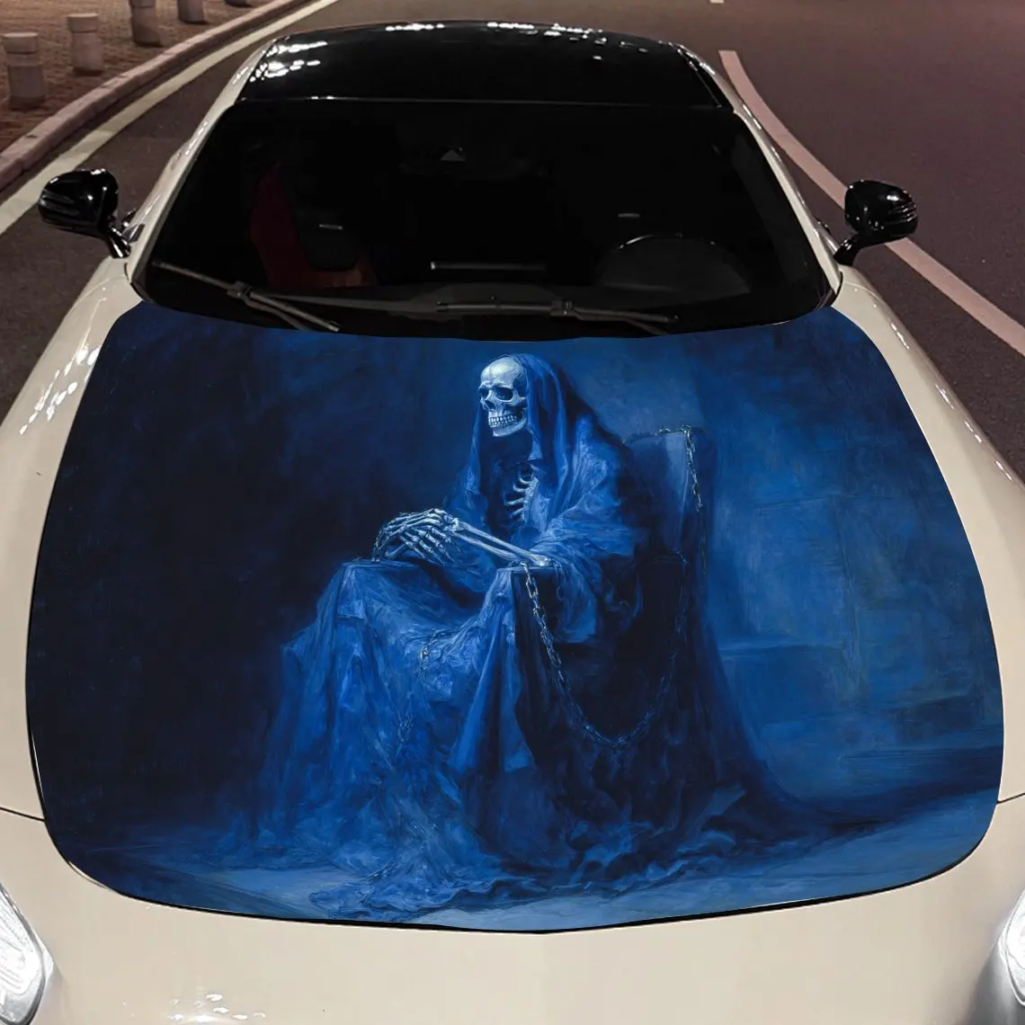 A skeleton draped in a blue cloak Car hood packaging sticker, PVC material, self-adhesive waterproof, anti-slip paint, car exter