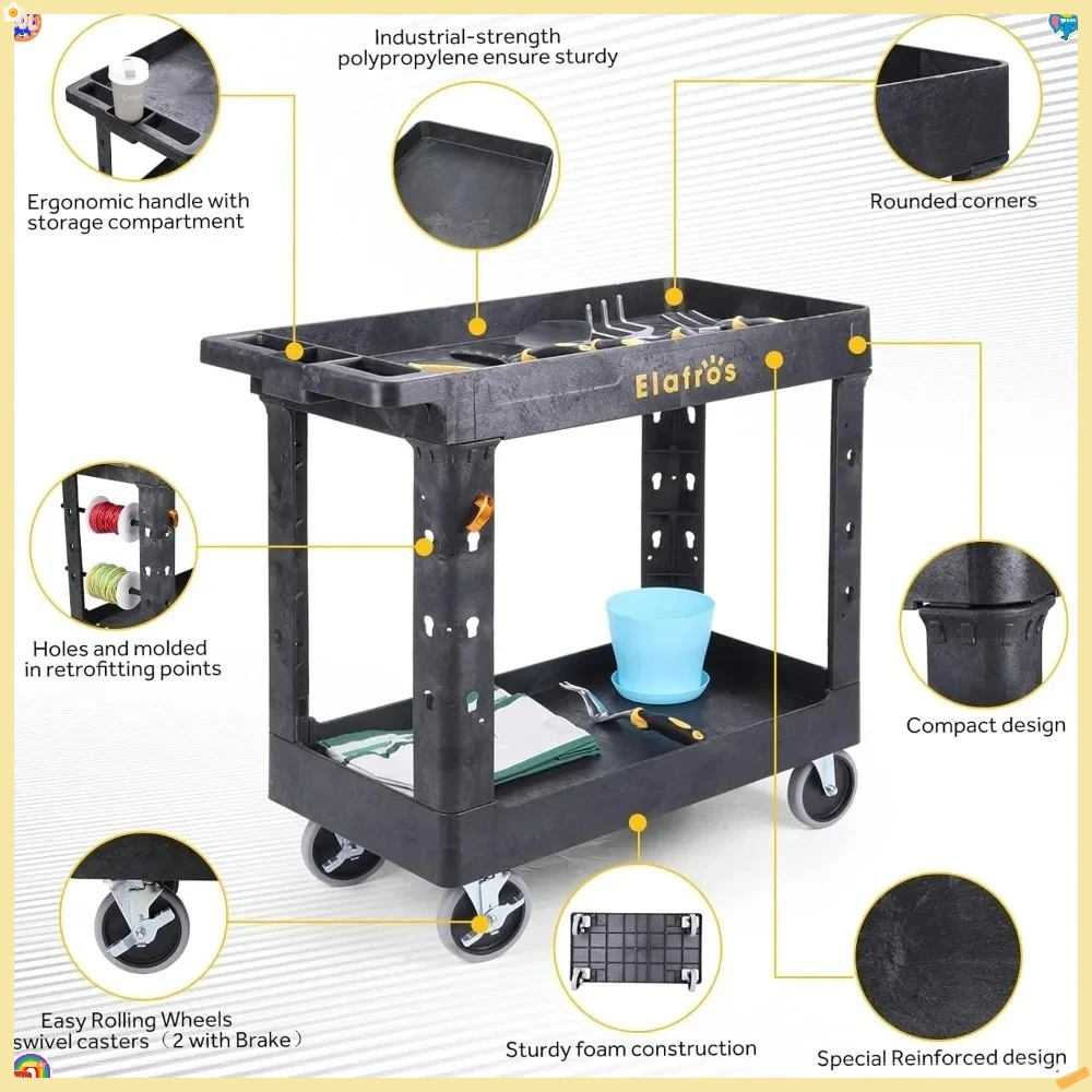 Carrinho utilitário de plástico resistente 34 x 17 polegadas - armazenamento de banheira de carrinho de trabalho com prateleiras profundas e rodas giratórias completas