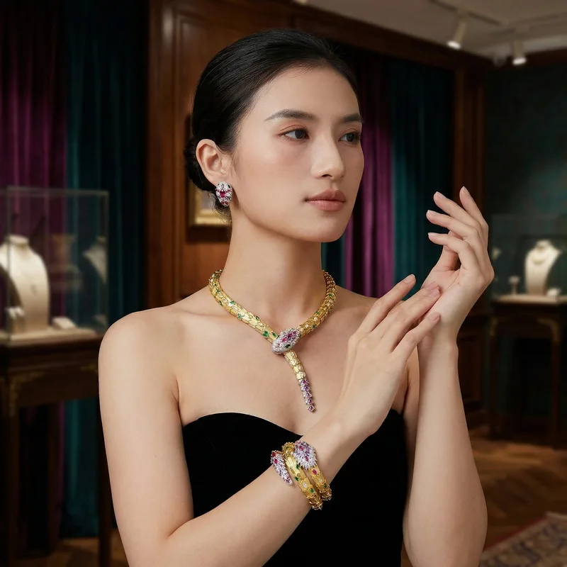 Europe America Earrings Bracelet Necklace Inlay Colored Cubic Zircon Large Snake Serpent Plated Gold Color Party Jewelry Sets