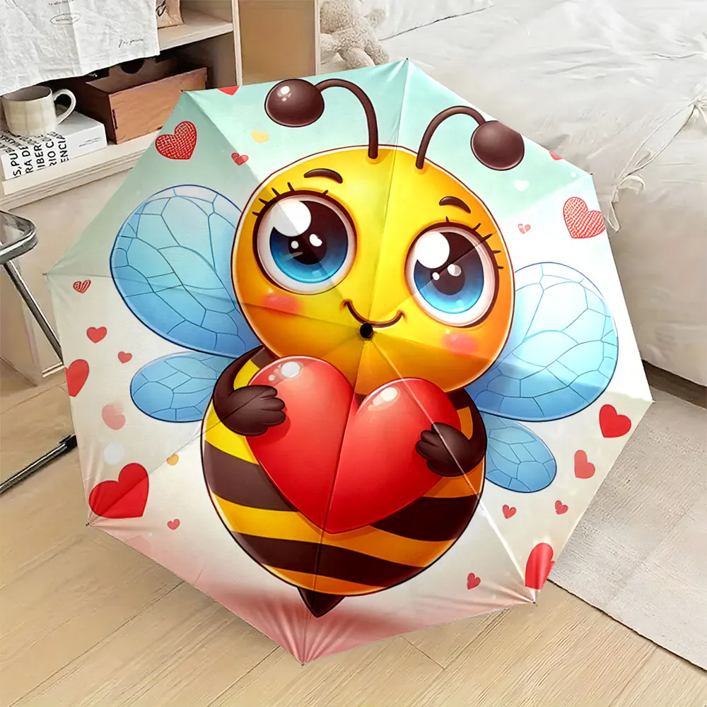 1PC Cute Bee-Themed Umbrella with Heart Design Print 8 Iron Ribs Folding Umbrella Auto-Open Fashion Sunshade