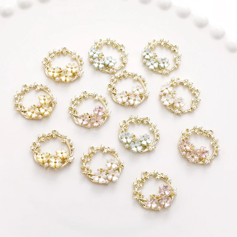 4pcs 23mm alloy hollow out wreath pearl Resin Flower Pendant DIY hand jewelry earrings bracelet accessories materials