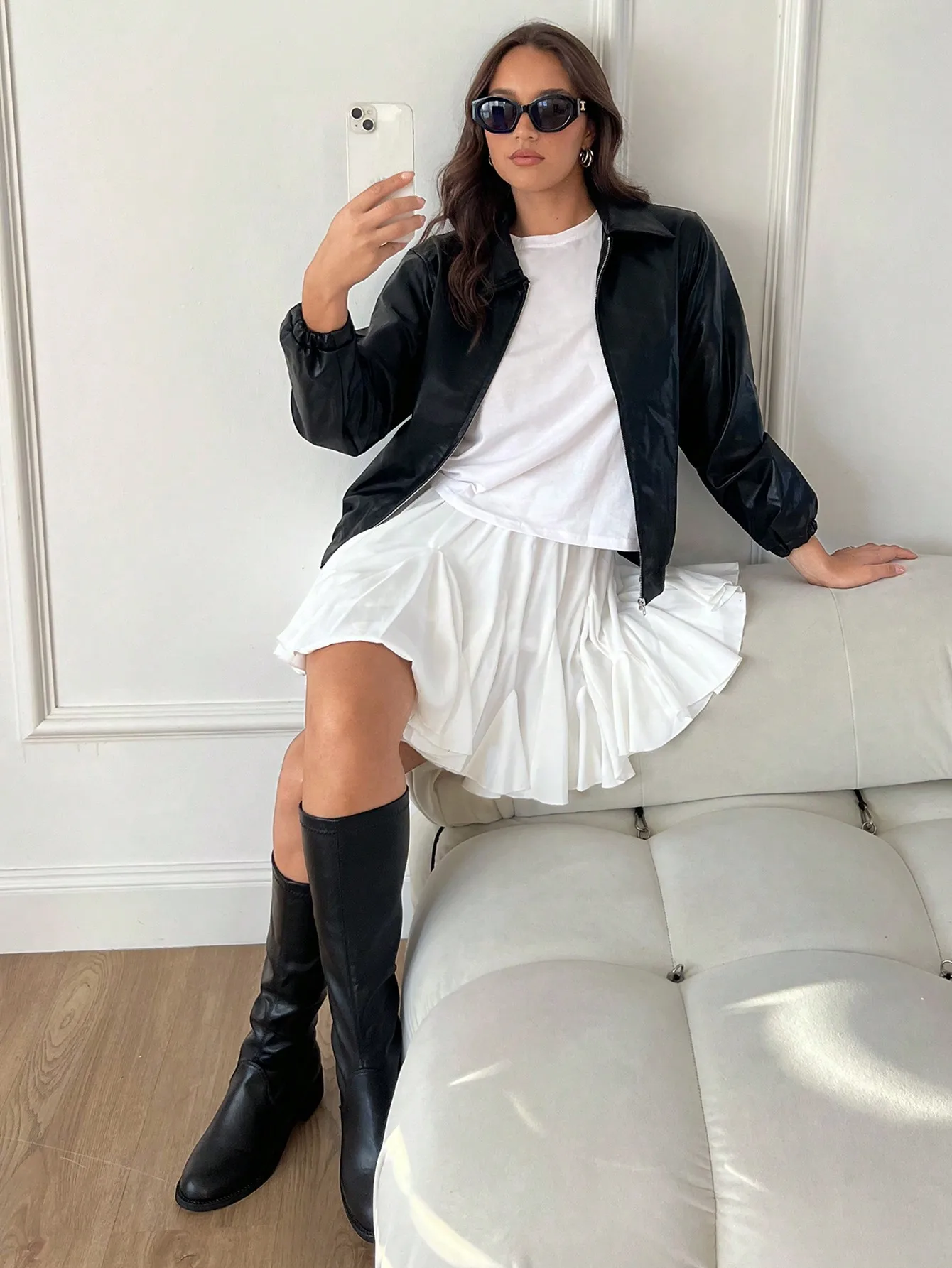 White High-Waisted Pleated Mini Skirt with Ruffled Hem, Casual A-Line Skirt for Spring Fall