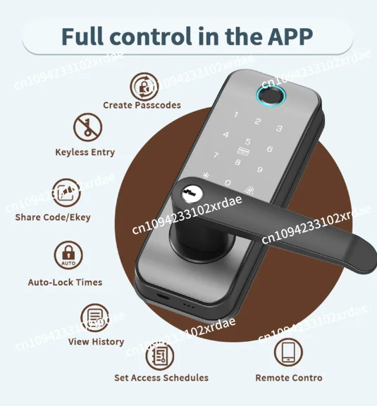 Fechadura de porta inteligente elétrica com chaves de segurança de conectividade wi-fi de impressão digital para porta compatível com tipo de código de aplicativo
