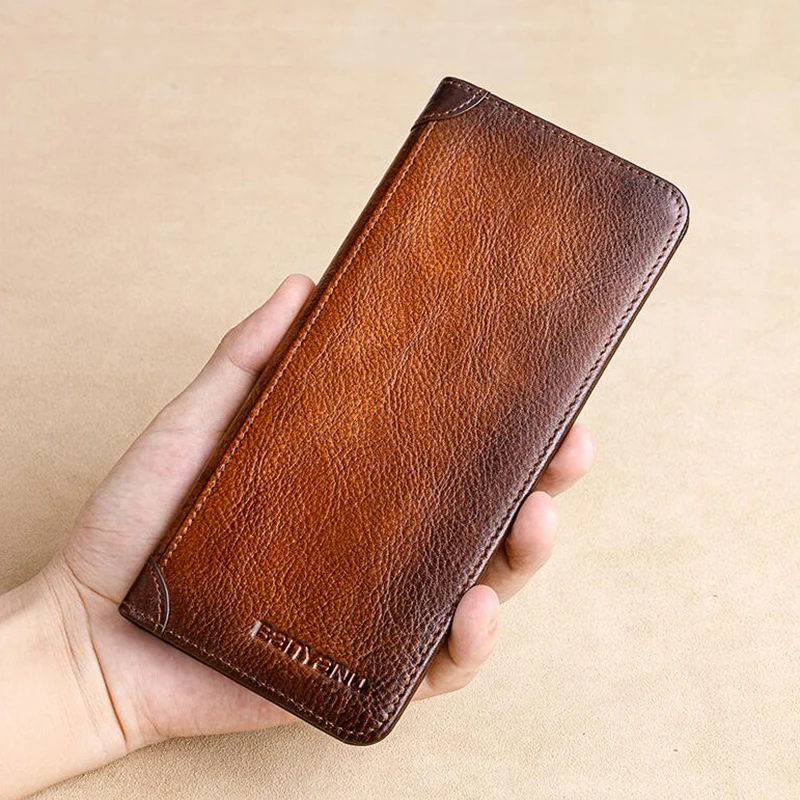 Vintage Ultra Thin Men Wallet Credit Card Holder Purse Anti RFID Cow Genuine Leather Long Wallet for Men