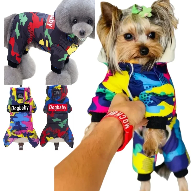 Ropa de invierno para perros, chaqueta de camuflaje muy cálidas para perros, abrigo con arnés, ropa impermeable para cachorros con capucha para perros pequeños