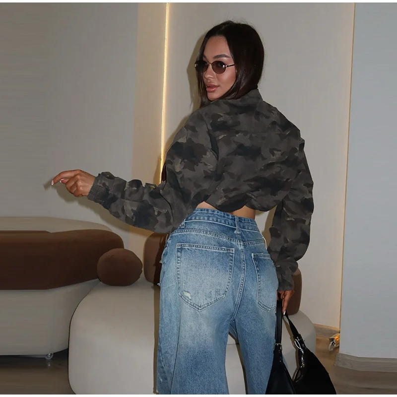 Women Camo Print Hooded Zipper Jacket Elastic Cuff Jacket Cropped Short Length Loose Puffer Winter Warm Winter Street Jackets