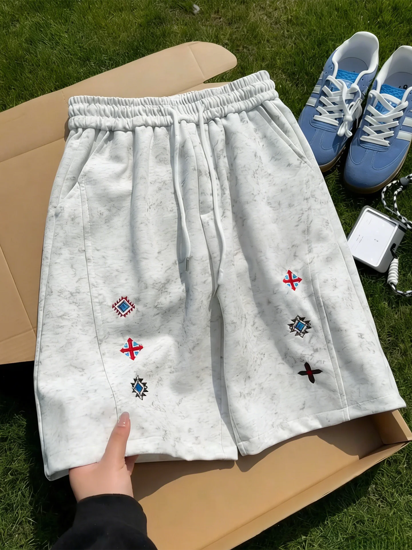 Men's Baskeall Sports orts Summer Casual Pants Dyed in ey with White Flowers Embroidery Straight Leg Fit mid Waist