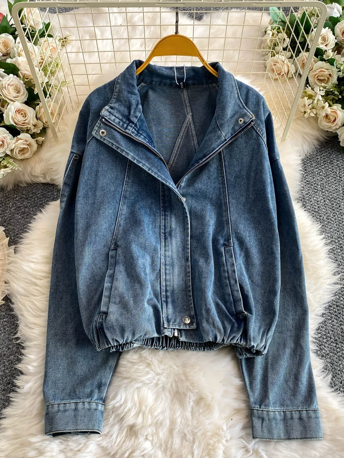 Retro Fashionable Versatile Zipper Collar Denim Jacket Women's Loose Slimming Top Casual Commute Style Long Sleeve Pure Color