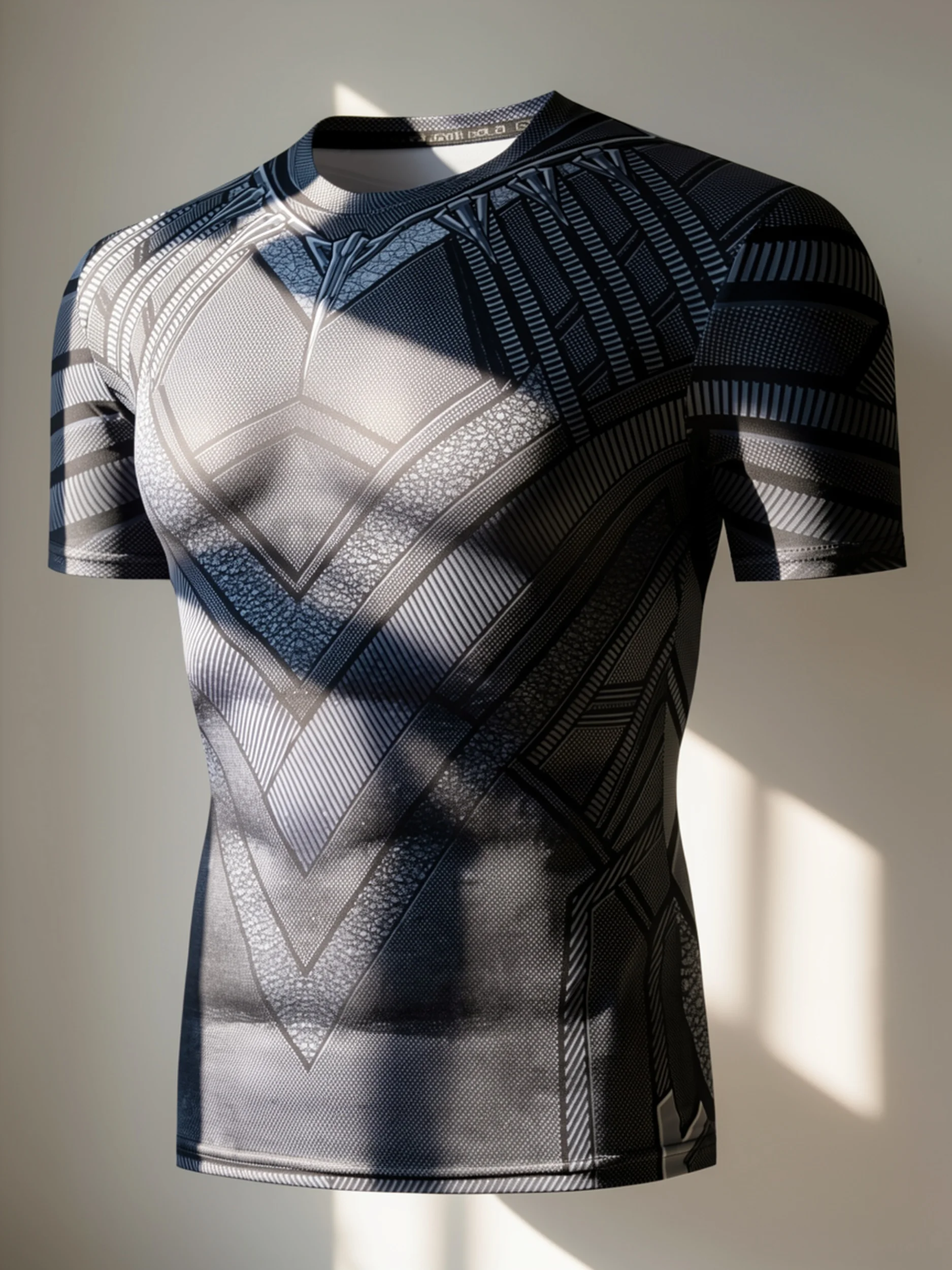 Men Quick Dry Compression Short Sleeve Tee, Elastic Breathable, Black Grey Chevron Line Print