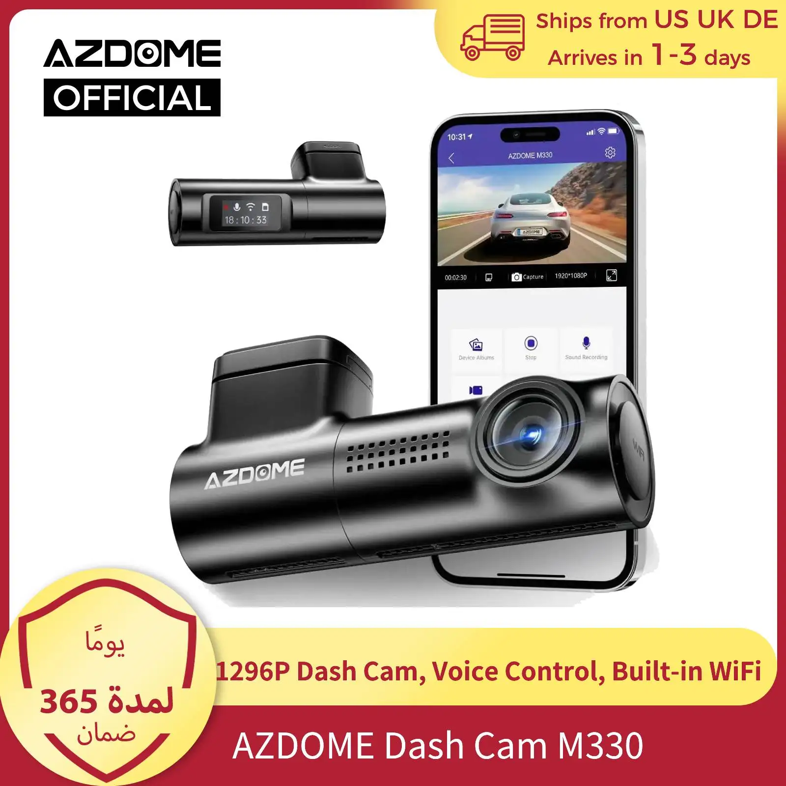 AZDOME M330 Car DVR 1296P Dash Cam Smart Voice Control WiFi Free APP G-sensor Emergency Record Parking Monitor Loop Recording