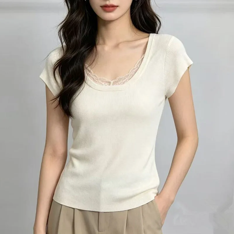 

New Slim O-Neck Summer Knitted Sweater Women Pullovers Short Sleeve Lace Knit Sweater Pullover Women Tops Sueters De Mujer Q4358