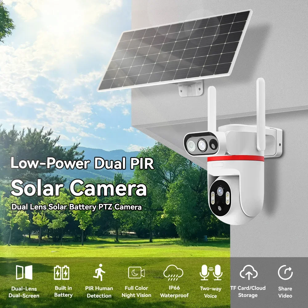 ﻿   Telecamera di sicurezza solare a doppio obiettivo 4K 8MP Telecamera esterna 4G PTZ con tracciamento automatico Visione notturna a colori Telecamere CCTV Dual PIR IP66 impermeabili