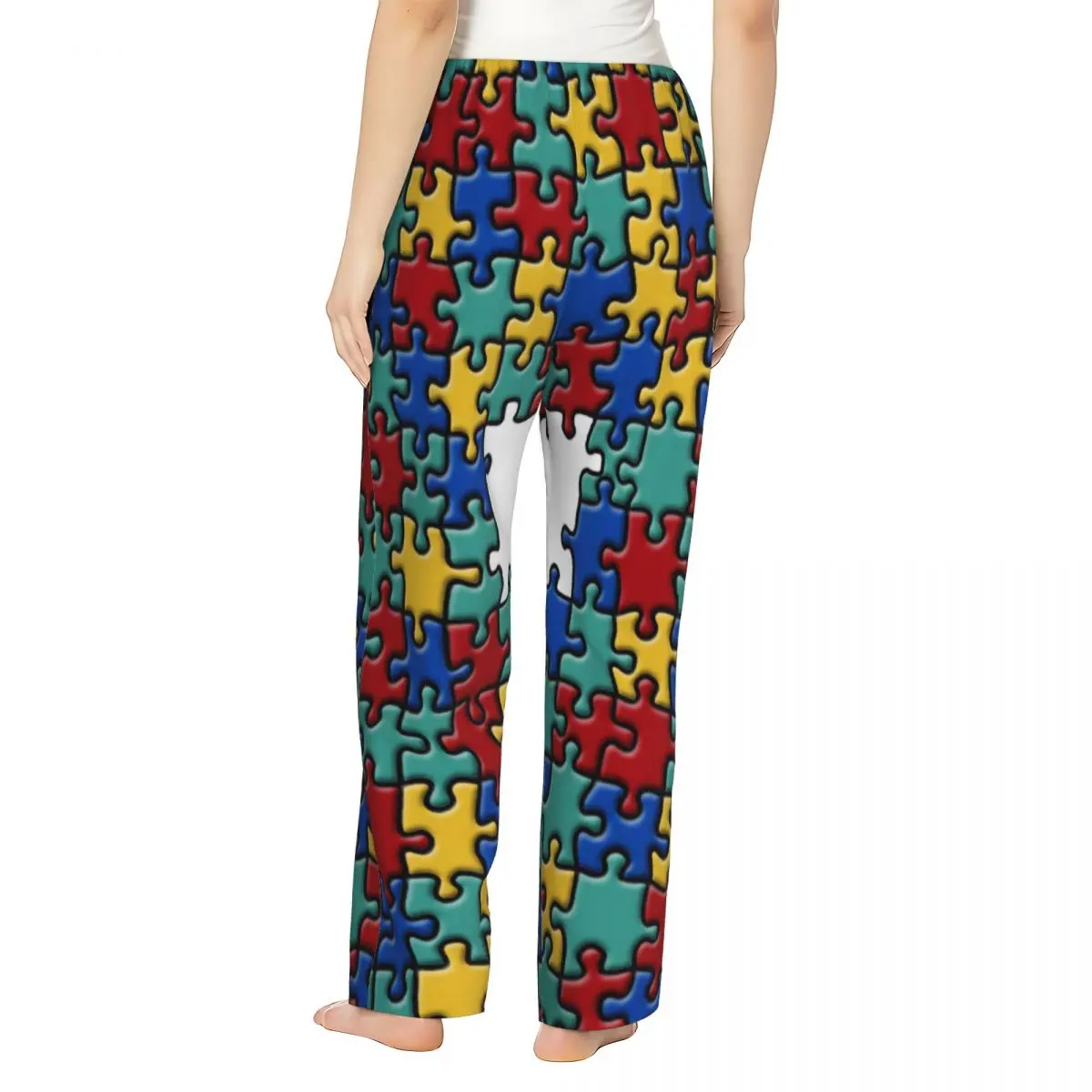 Pantalones de pijama con estampado personalizado para mujer, ropa de dormir con bolsillos, rompecabezas colorido, concientización sobre el Autismo