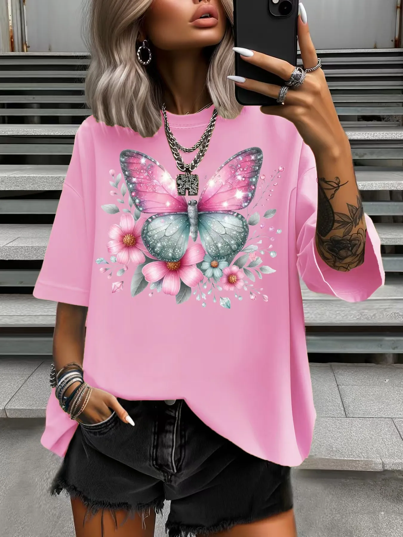 ฤดูร้อน PLUS ขนาดแฟชั่นผู้หญิงเสื้อยืด Original Design เพชรผีเสื้อพิมพ์ผู้หญิงลําลองลูกเรือคอเสื้อแขนสั้น