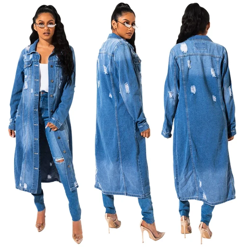 Herfst Winter Denim Jean Jas voor Vrouwen Jaqueta Jeans Feminina Lange Mouw Cape Trenchcoats 2024 Mode Gat Katoenen Vest