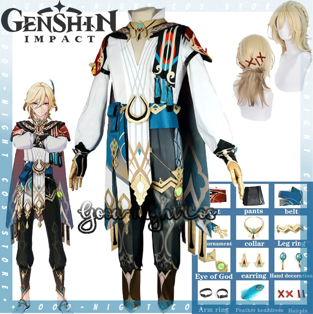 Disfraz de Genshin Impact kavieh para hombre y mujer, traje de Cosplay, peluca, capa, uniforme, pendientes de pelo rubio, pinzas para el pelo, juego de rol