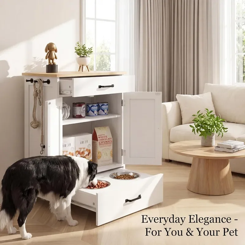 Elevated Stainless Dog Bowls Feeding Station for Food Storage White Wood