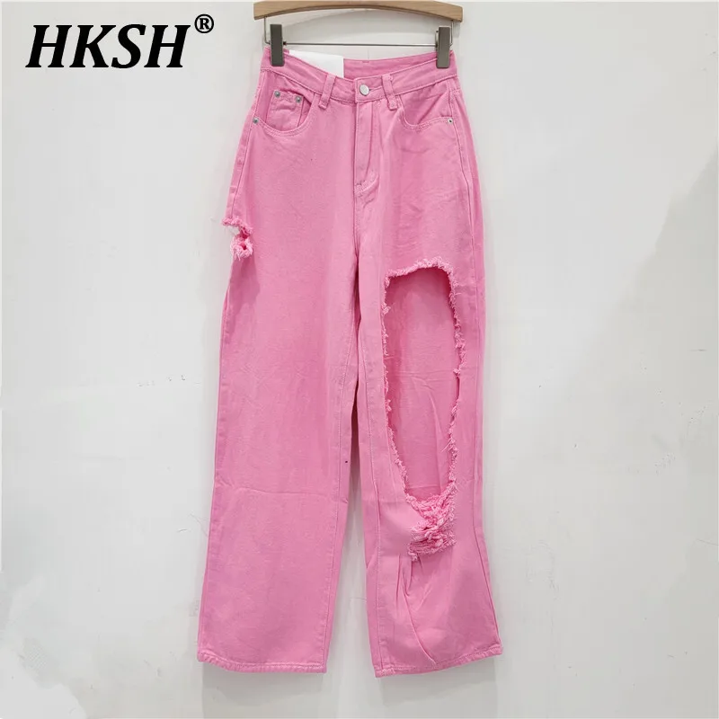 

HKSH Spring Summer New Women Y2K Ins Trendy Streetwear Sweet Solid Color Ripped Wide Leg Jeans Casual Straight Long Pants HK5652