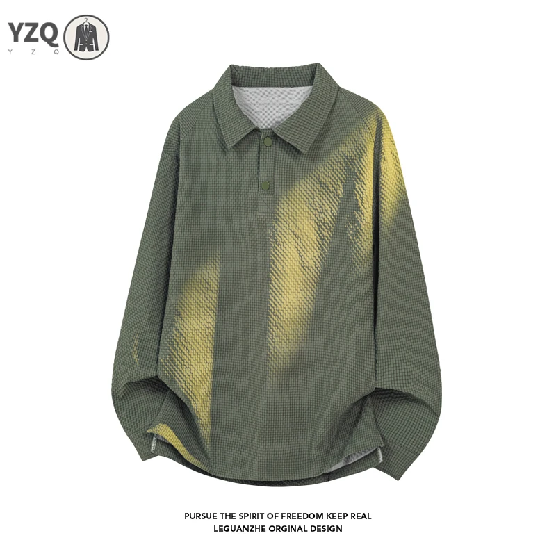 Mens Baggy Cropped Long Sleeve Polo Top Half Button Lapel Collar Textured Fabric For Strolling Gathering And Daily Relax Outfit