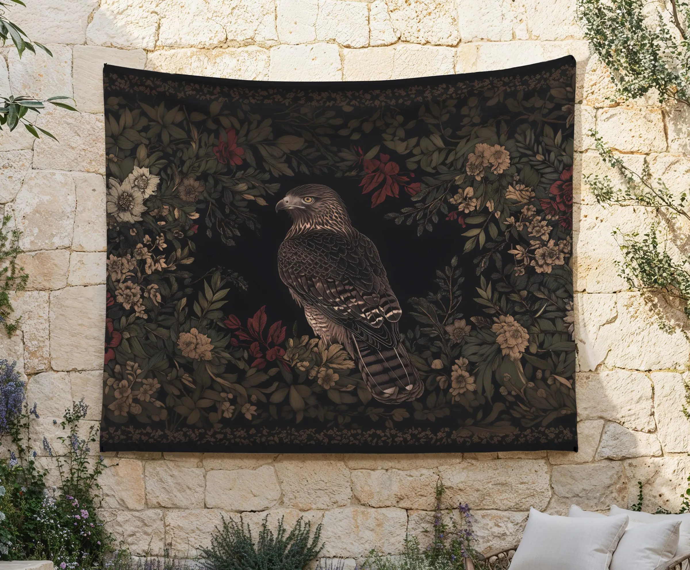 VIKAMA Dark Retro Eagle Flower Tapestry Forest Falcon Background Cloth Dark Black Wind Decorative Hanging Cloth Room Decoration
