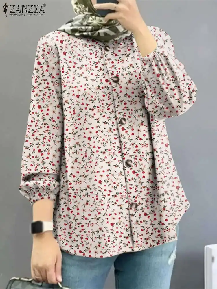 

ZANZEA Fashion Floral Printed Muslim Tops Woman Long Sleeve O-Neck Blouse Vintage Turkey Hijab Shirt Casual Islamic Clothing
